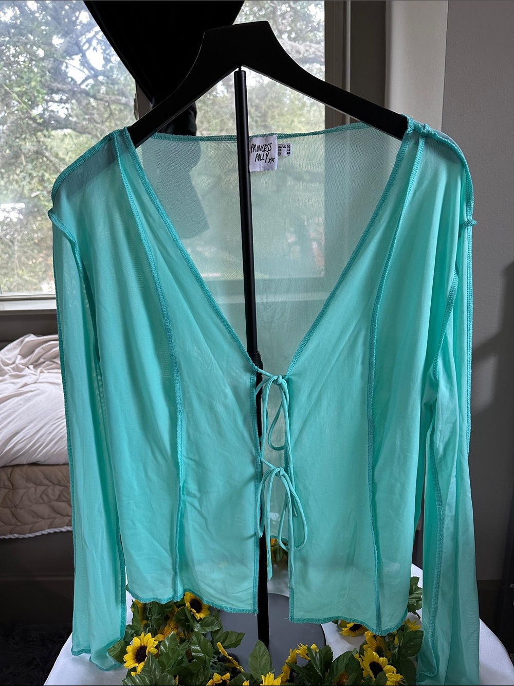 Princess Polly Sheer Tie-Front Blouse in Aqua Mint